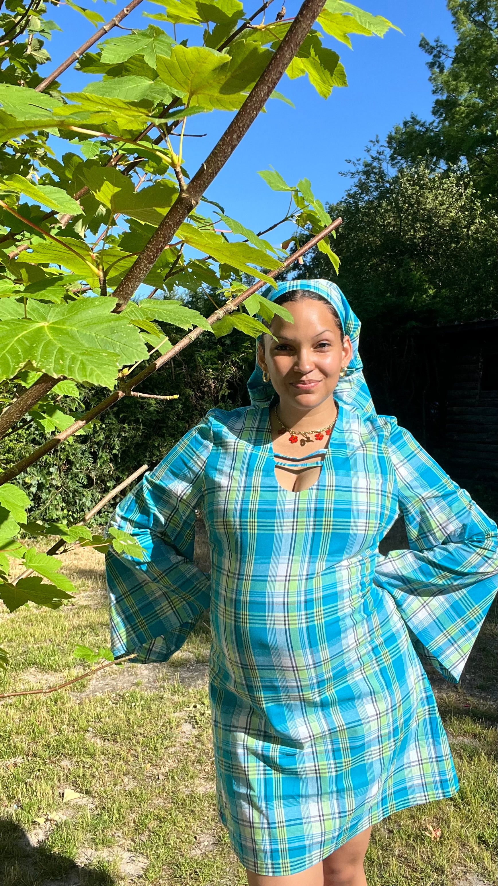 Robe madras bleue manches longues