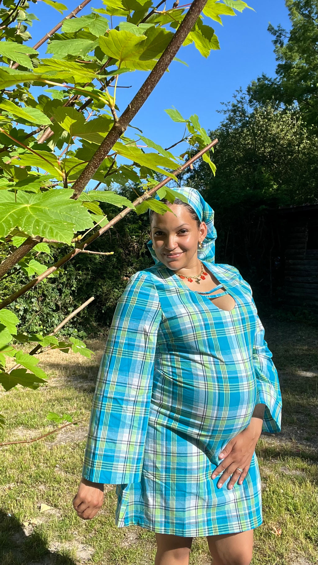 Robe madras bleue manches longues